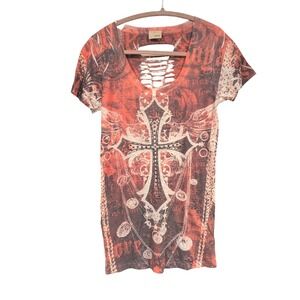 Daytrip Red Black Cross Graphic Studded Tee Braided‎ Back Y2K Grunge 10515DC Med